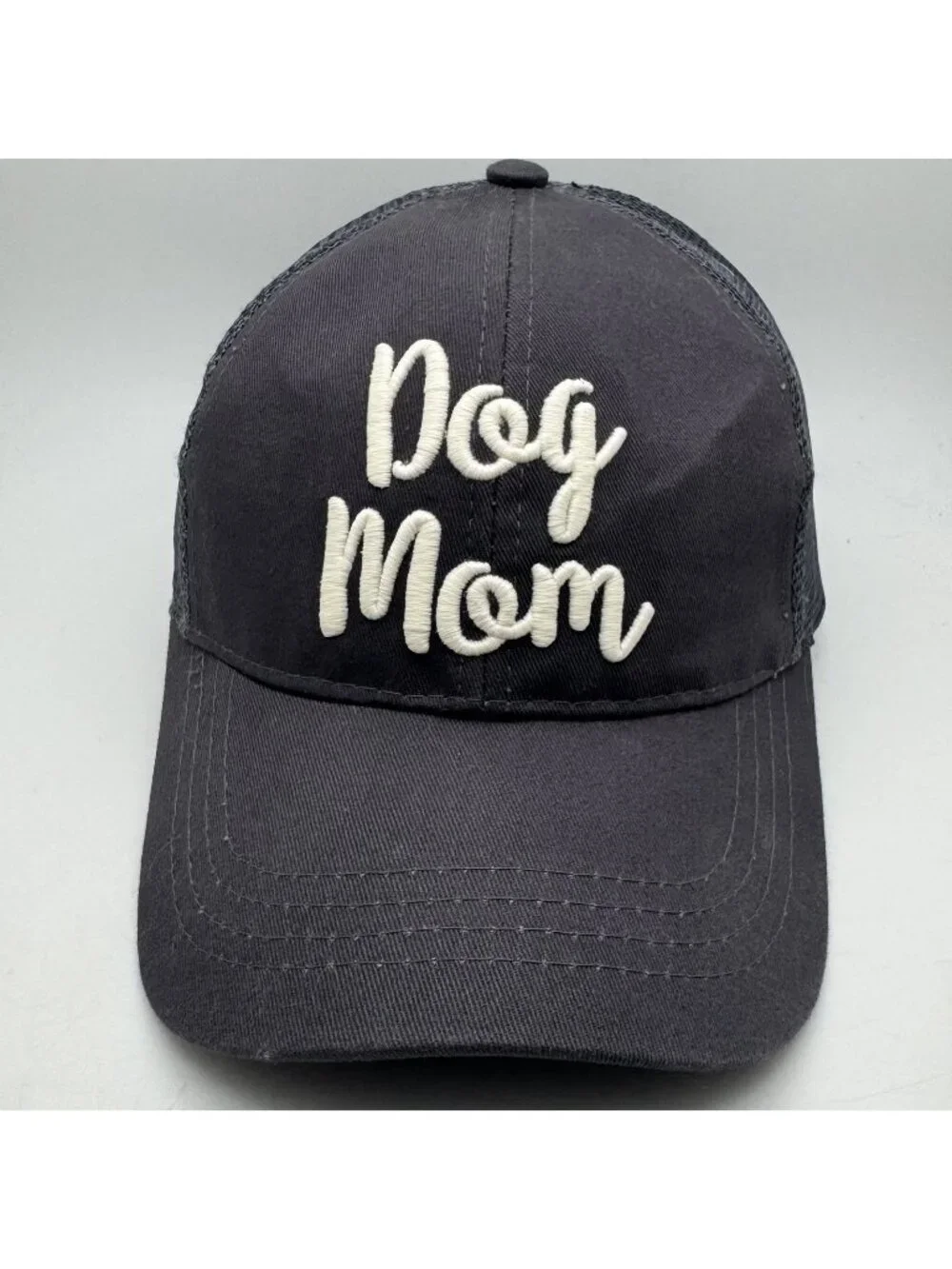 C.C Criss Cross Ponytail Hat Dog Mom Embroidered Mesh Trucker Cap Gray White